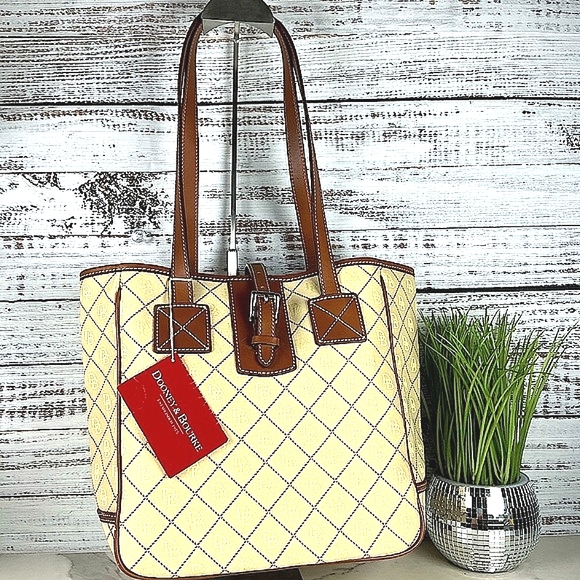 Dooney & Bourke Vintage Shoulder Hand Bag Canvas Yellow Purple Tan Brown Tote - Picture 1 of 13